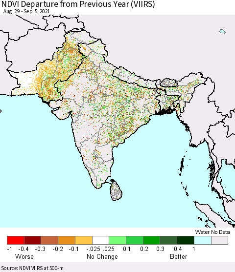 Southern Asia NDVI Departure from Previous Year (VIIRS) Thematic Map For 8/29/2021 - 9/5/2021
