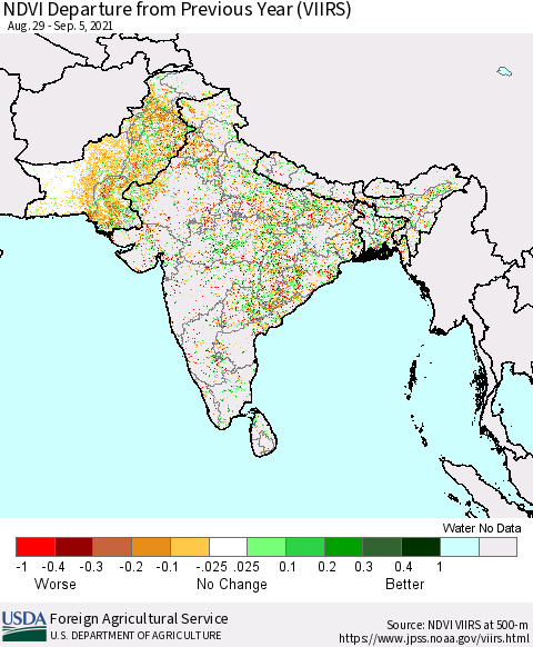 Southern Asia NDVI Departure from Previous Year (VIIRS) Thematic Map For 9/1/2021 - 9/10/2021