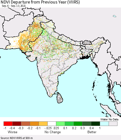 Southern Asia NDVI Departure from Previous Year (VIIRS) Thematic Map For 9/6/2021 - 9/13/2021