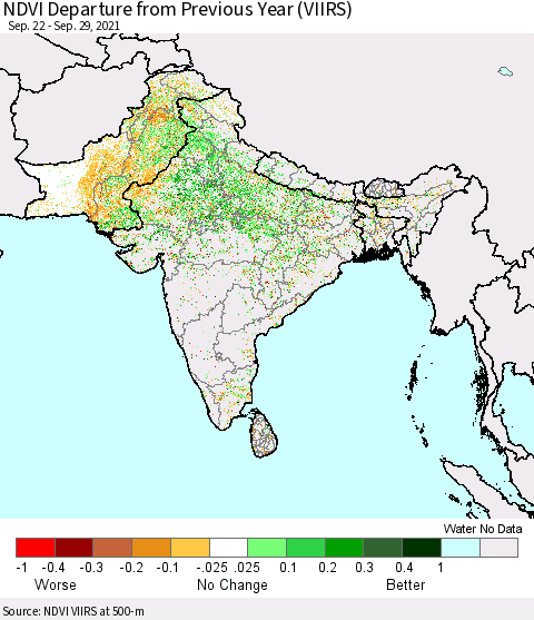 Southern Asia NDVI Departure from Previous Year (VIIRS) Thematic Map For 9/22/2021 - 9/29/2021