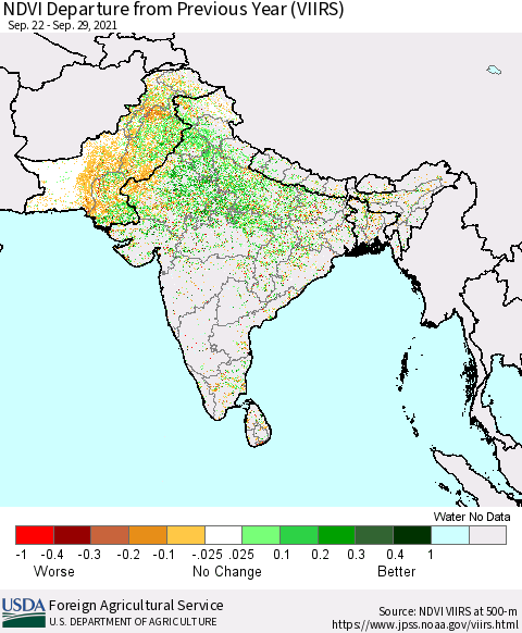 Southern Asia NDVI Departure from Previous Year (VIIRS) Thematic Map For 9/21/2021 - 9/30/2021