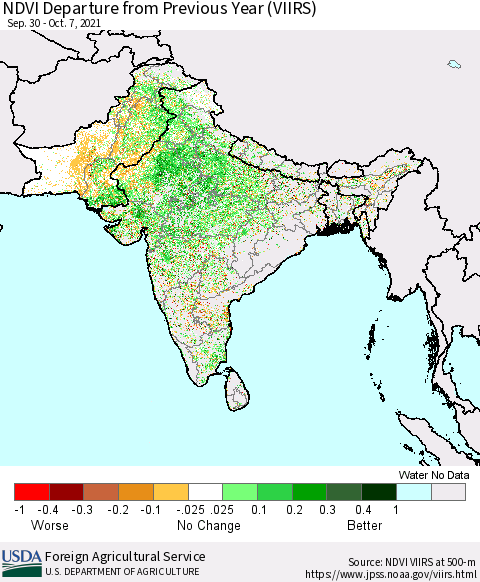 Southern Asia NDVI Departure from Previous Year (VIIRS) Thematic Map For 10/1/2021 - 10/10/2021
