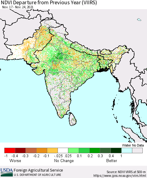 Southern Asia NDVI Departure from Previous Year (VIIRS) Thematic Map For 11/21/2021 - 11/30/2021