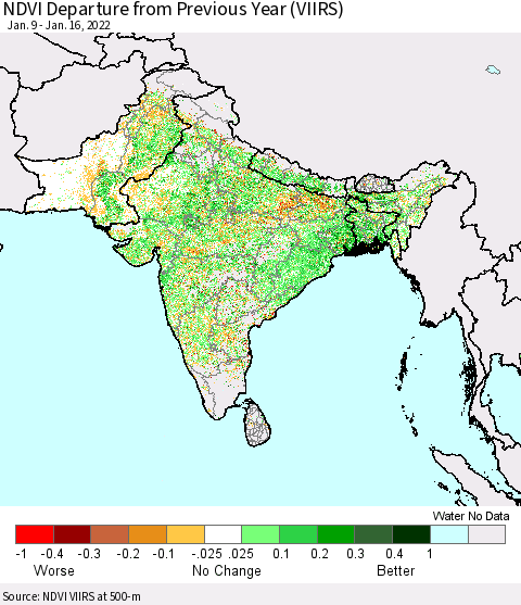 Southern Asia NDVI Departure from Previous Year (VIIRS) Thematic Map For 1/9/2022 - 1/16/2022
