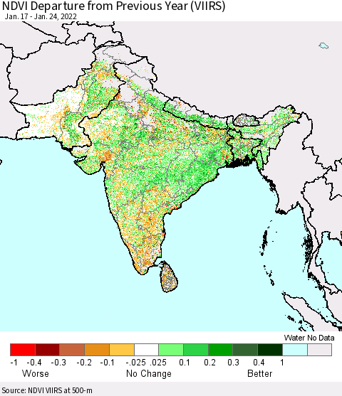 Southern Asia NDVI Departure from Previous Year (VIIRS) Thematic Map For 1/17/2022 - 1/24/2022