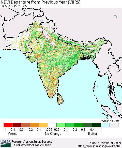 Southern Asia NDVI Departure from Previous Year (VIIRS) Thematic Map For 1/21/2022 - 1/31/2022