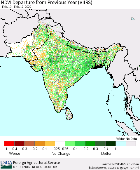 Southern Asia NDVI Departure from Previous Year (VIIRS) Thematic Map For 2/11/2022 - 2/20/2022