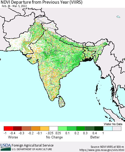 Southern Asia NDVI Departure from Previous Year (VIIRS) Thematic Map For 3/1/2022 - 3/10/2022