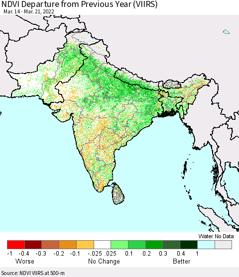 Southern Asia NDVI Departure from Previous Year (VIIRS) Thematic Map For 3/14/2022 - 3/21/2022