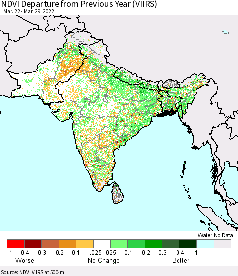 Southern Asia NDVI Departure from Previous Year (VIIRS) Thematic Map For 3/22/2022 - 3/29/2022