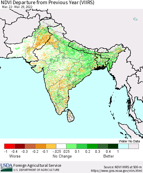Southern Asia NDVI Departure from Previous Year (VIIRS) Thematic Map For 3/21/2022 - 3/31/2022