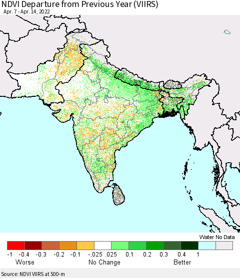 Southern Asia NDVI Departure from Previous Year (VIIRS) Thematic Map For 4/7/2022 - 4/14/2022