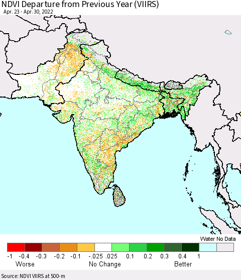 Southern Asia NDVI Departure from Previous Year (VIIRS) Thematic Map For 4/21/2022 - 4/30/2022