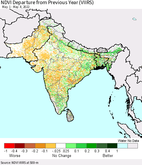 Southern Asia NDVI Departure from Previous Year (VIIRS) Thematic Map For 5/1/2022 - 5/8/2022