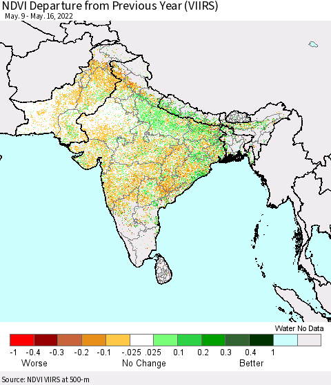 Southern Asia NDVI Departure from Previous Year (VIIRS) Thematic Map For 5/9/2022 - 5/16/2022