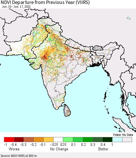 Southern Asia NDVI Departure from Previous Year (VIIRS) Thematic Map For 6/10/2022 - 6/17/2022