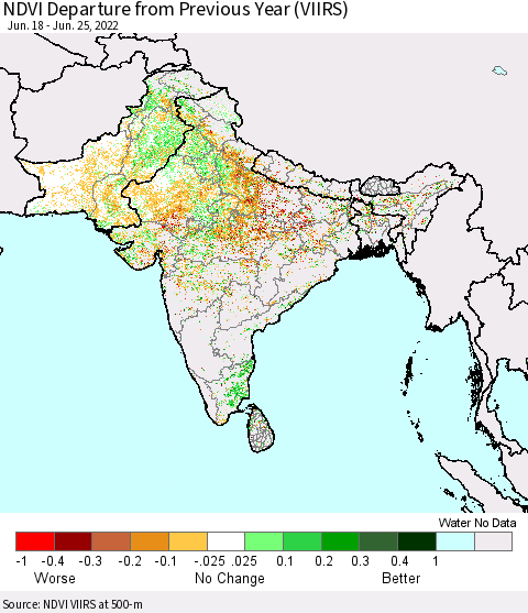 Southern Asia NDVI Departure from Previous Year (VIIRS) Thematic Map For 6/18/2022 - 6/25/2022