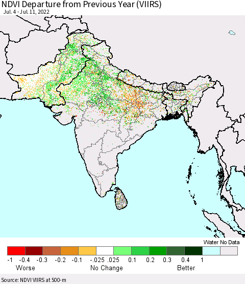 Southern Asia NDVI Departure from Previous Year (VIIRS) Thematic Map For 7/4/2022 - 7/11/2022