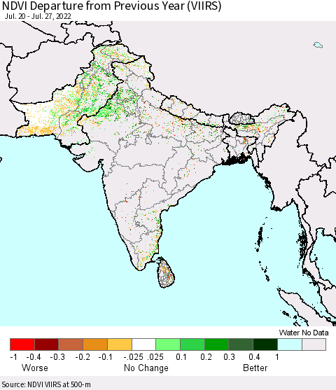 Southern Asia NDVI Departure from Previous Year (VIIRS) Thematic Map For 7/20/2022 - 7/27/2022