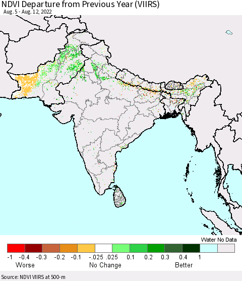 Southern Asia NDVI Departure from Previous Year (VIIRS) Thematic Map For 8/5/2022 - 8/12/2022