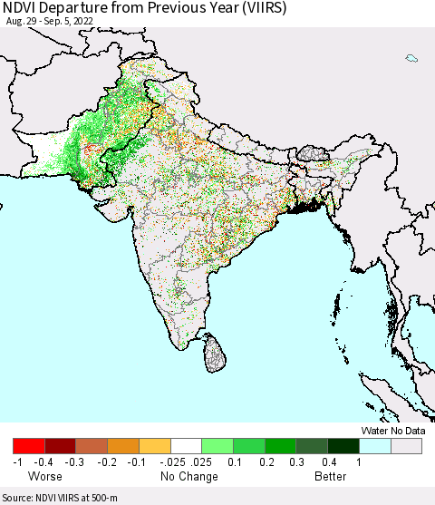 Southern Asia NDVI Departure from Previous Year (VIIRS) Thematic Map For 8/29/2022 - 9/5/2022