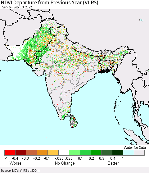 Southern Asia NDVI Departure from Previous Year (VIIRS) Thematic Map For 9/6/2022 - 9/13/2022