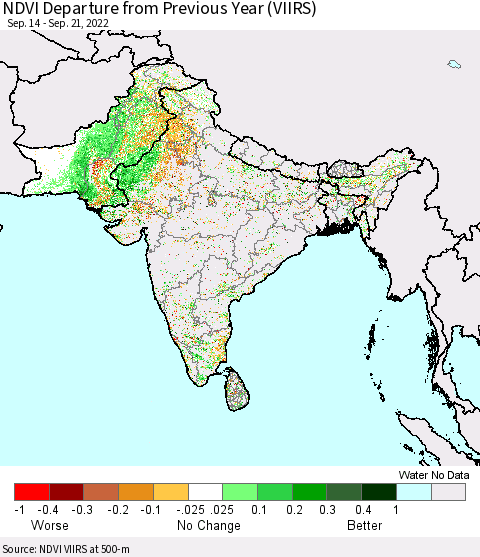 Southern Asia NDVI Departure from Previous Year (VIIRS) Thematic Map For 9/14/2022 - 9/21/2022