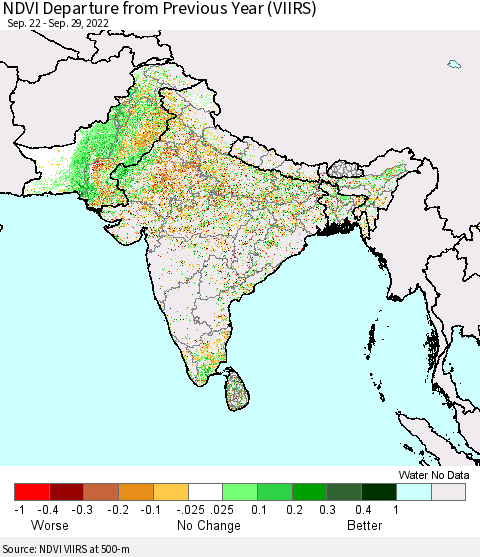 Southern Asia NDVI Departure from Previous Year (VIIRS) Thematic Map For 9/22/2022 - 9/29/2022