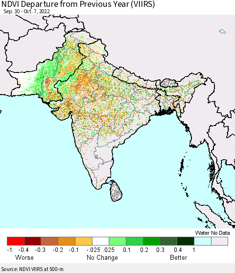 Southern Asia NDVI Departure from Previous Year (VIIRS) Thematic Map For 9/30/2022 - 10/7/2022