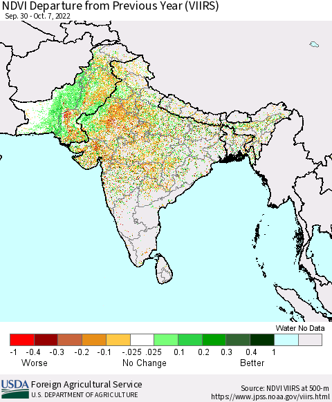 Southern Asia NDVI Departure from Previous Year (VIIRS) Thematic Map For 10/1/2022 - 10/10/2022