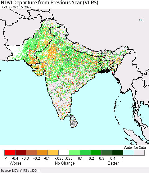 Southern Asia NDVI Departure from Previous Year (VIIRS) Thematic Map For 10/8/2022 - 10/15/2022