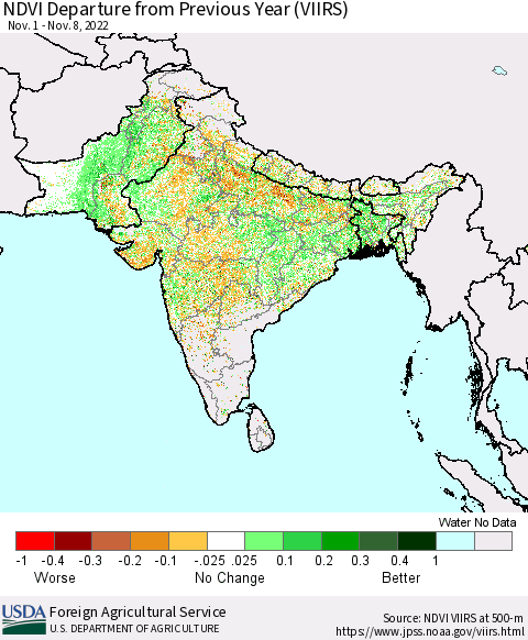 Southern Asia NDVI Departure from Previous Year (VIIRS) Thematic Map For 11/1/2022 - 11/10/2022