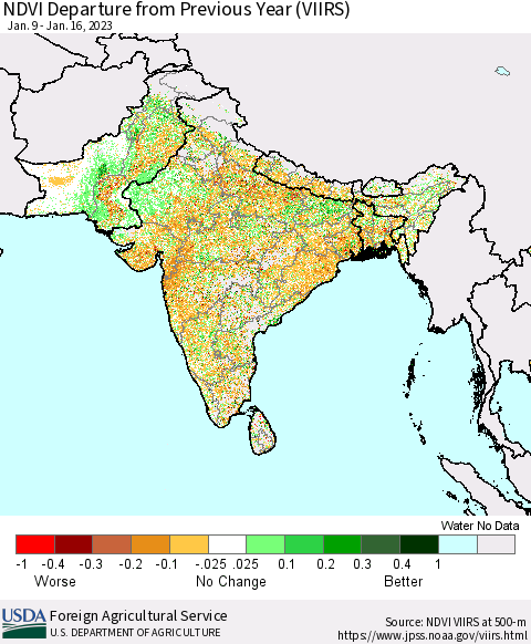 Southern Asia NDVI Departure from Previous Year (VIIRS) Thematic Map For 1/11/2023 - 1/20/2023