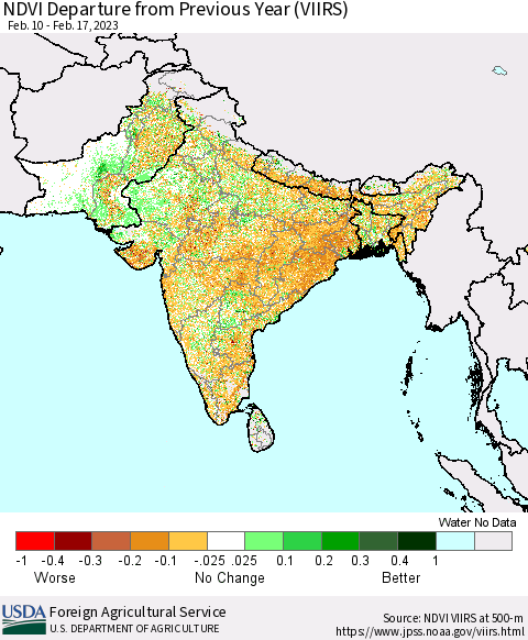 Southern Asia NDVI Departure from Previous Year (VIIRS) Thematic Map For 2/11/2023 - 2/20/2023