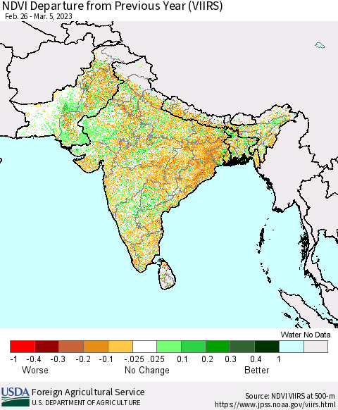 Southern Asia NDVI Departure from Previous Year (VIIRS) Thematic Map For 3/1/2023 - 3/10/2023