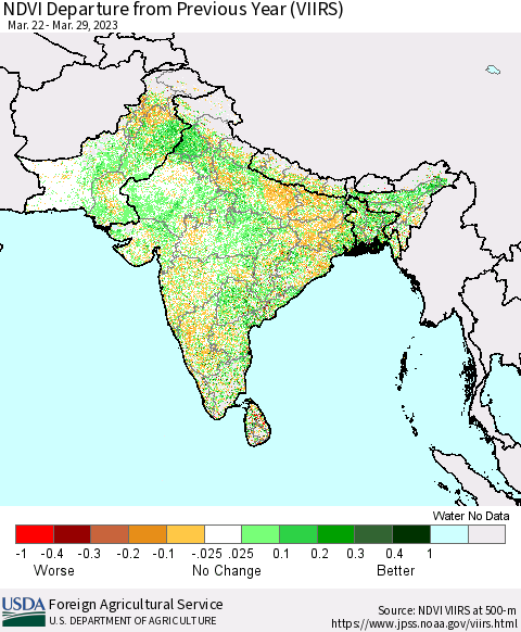 Southern Asia NDVI Departure from Previous Year (VIIRS) Thematic Map For 3/21/2023 - 3/31/2023