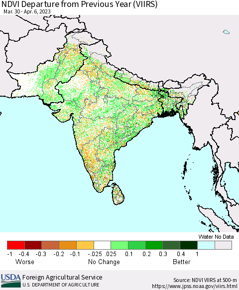 Southern Asia NDVI Departure from Previous Year (VIIRS) Thematic Map For 4/1/2023 - 4/10/2023