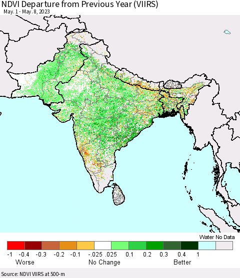 Southern Asia NDVI Departure from Previous Year (VIIRS) Thematic Map For 5/1/2023 - 5/8/2023