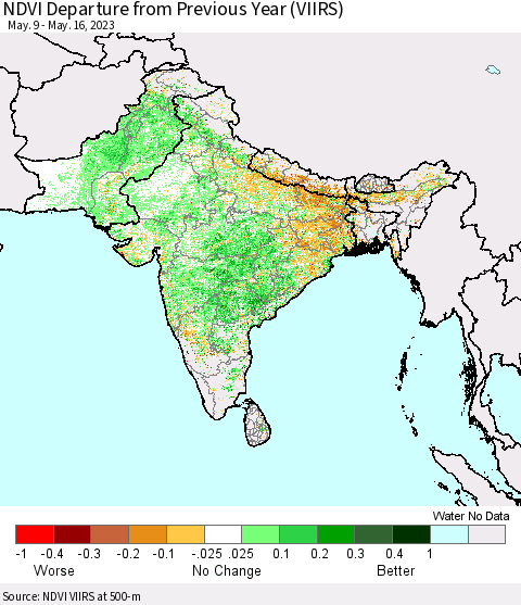Southern Asia NDVI Departure from Previous Year (VIIRS) Thematic Map For 5/9/2023 - 5/16/2023