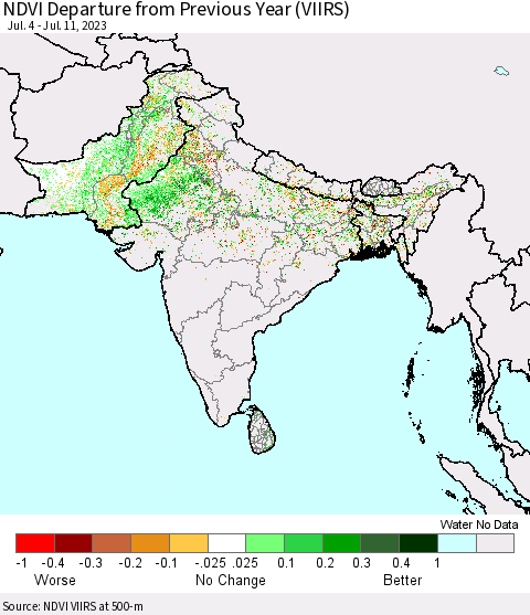 Southern Asia NDVI Departure from Previous Year (VIIRS) Thematic Map For 7/4/2023 - 7/11/2023
