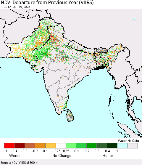Southern Asia NDVI Departure from Previous Year (VIIRS) Thematic Map For 7/12/2023 - 7/19/2023