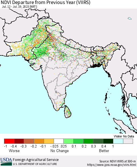 Southern Asia NDVI Departure from Previous Year (VIIRS) Thematic Map For 7/11/2023 - 7/20/2023