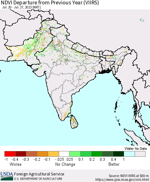 Southern Asia NDVI Departure from Previous Year (VIIRS) Thematic Map For 7/21/2023 - 7/31/2023