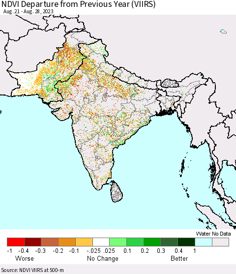 Southern Asia NDVI Departure from Previous Year (VIIRS) Thematic Map For 8/21/2023 - 8/28/2023