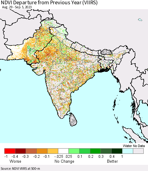 Southern Asia NDVI Departure from Previous Year (VIIRS) Thematic Map For 8/29/2023 - 9/5/2023