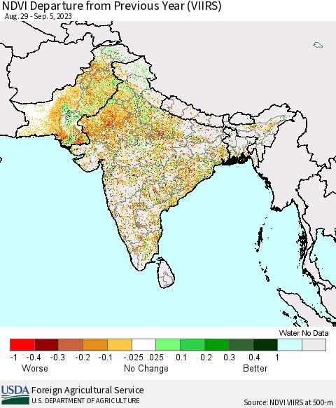 Southern Asia NDVI Departure from Previous Year (VIIRS) Thematic Map For 9/1/2023 - 9/10/2023