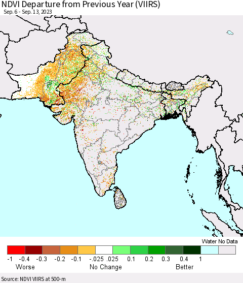 Southern Asia NDVI Departure from Previous Year (VIIRS) Thematic Map For 9/6/2023 - 9/13/2023