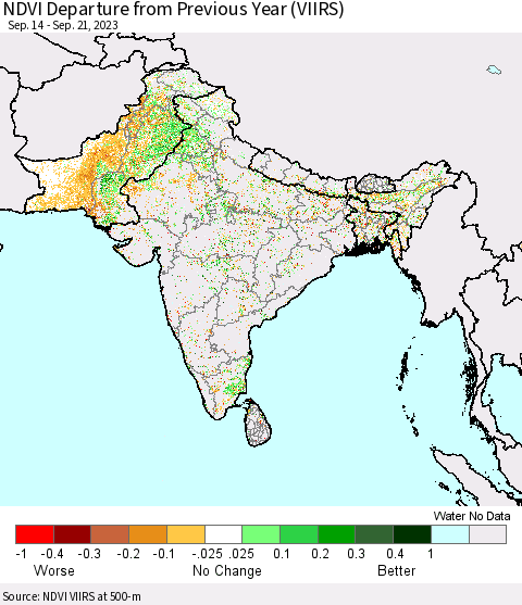 Southern Asia NDVI Departure from Previous Year (VIIRS) Thematic Map For 9/14/2023 - 9/21/2023