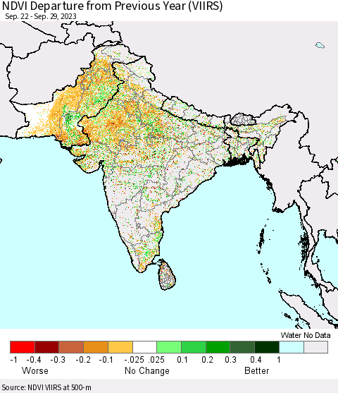 Southern Asia NDVI Departure from Previous Year (VIIRS) Thematic Map For 9/22/2023 - 9/29/2023