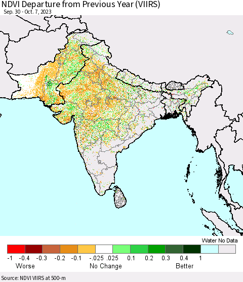 Southern Asia NDVI Departure from Previous Year (VIIRS) Thematic Map For 9/30/2023 - 10/7/2023